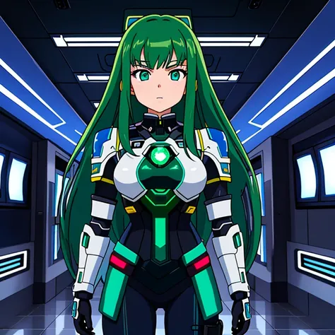 A beautiful 15 years old European girl, drawn in anime style, futuristic, 2000s aesthetic, sci-fi, jade green eyes, long red hair, small breast, white and blue futuristic military armor, standing in high tech futuristic office, highly detailed, 4K.