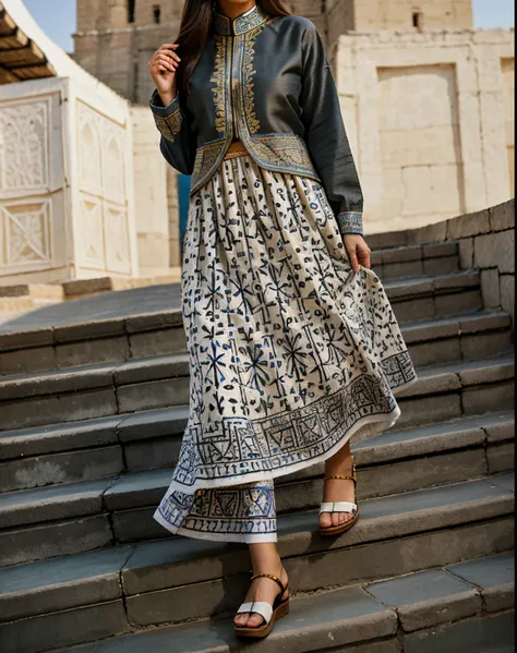 high fashion, hyperrealism, clothing in the style of the Ark fortress, the ancient citadel in Bukhara, Uzbekistan, material with a traditional pattern or drawings in the spirit of the works of artists of that time: at the same time, clothing models refer t...