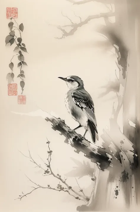 (best quality,highres,masterpiece:1.2),ultra-detailed,ink painting,Chinese style,bird on a branch,loose brushstrokes, composition,subtle textures,elegant simplicity,dynamic ink flow,expressive ink marks,black and white,eye-catching,fine details,zen-like,tr...