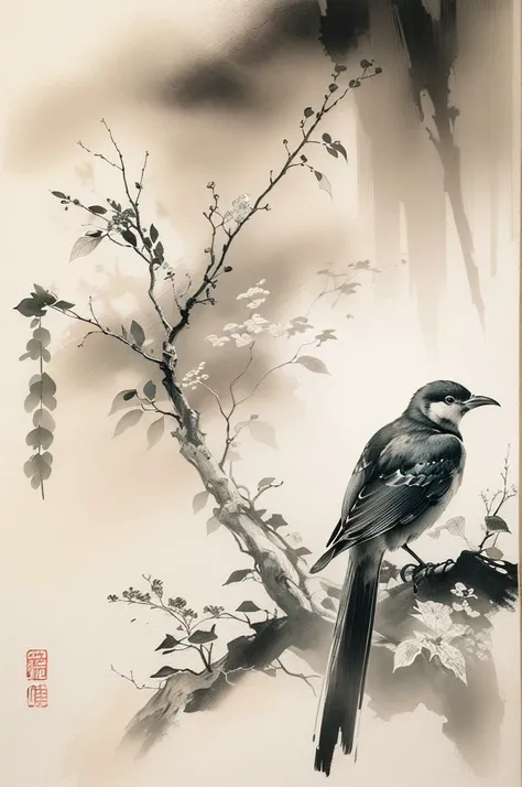 (best quality,highres,masterpiece:1.2),ultra-detailed,ink painting,Chinese style,bird on a branch,loose brushstrokes, composition,subtle textures,elegant simplicity,dynamic ink flow,expressive ink marks,black and white,eye-catching,fine details,zen-like,tr...