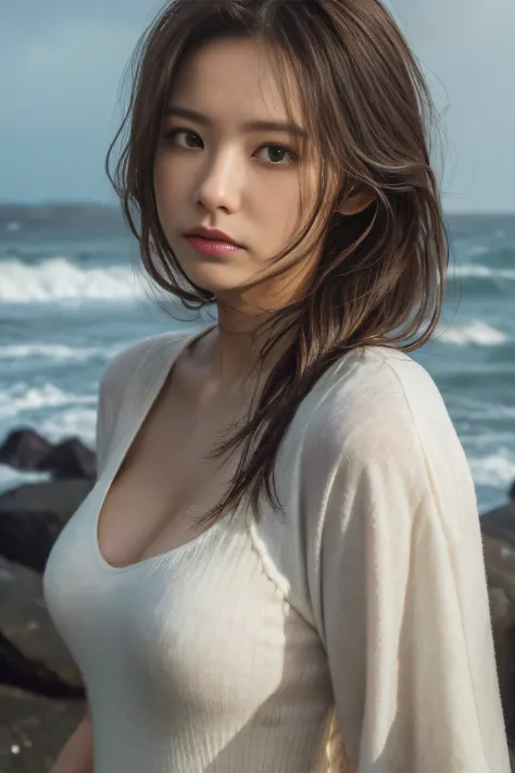 ((of the highest quality)),((masutepiece)),((Very beautiful)), unique light and shadow, One girl, hair messy, Realistic skin texture, strong breeze, Rain, Rocky Shore, rough sea, Feminine pose