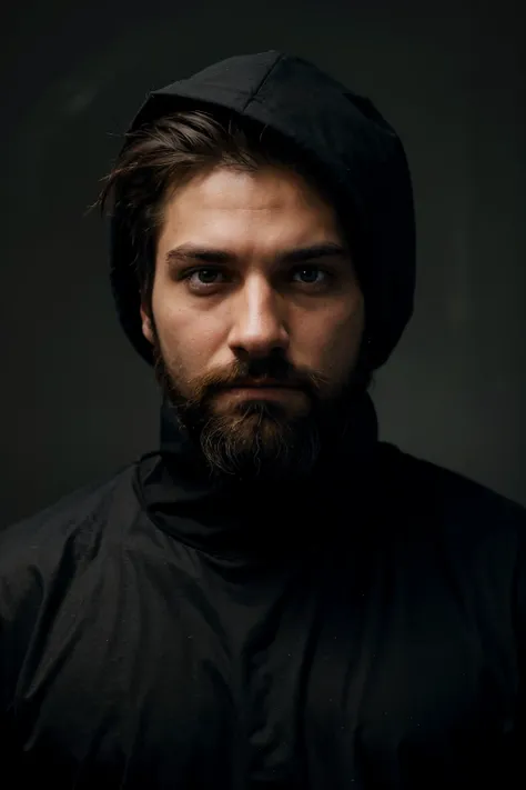 a hacker boy medium beard scary looking face handsome