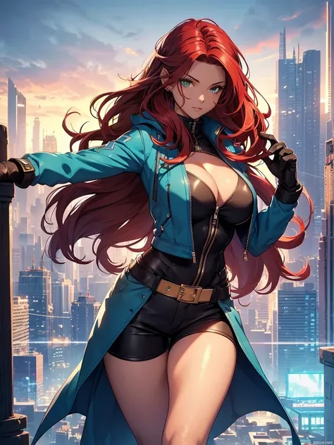 (masterpiece), (best quality:1.4), (perfect anatomy:1.4), high quality, expressive eyes, full body, detailed face, beautiful face, perfect face, 1 girl, breasts, cleavage, gloves, huge breasts, cyberpunk clothes, ultramarine jacket, very long hair, thigh l...