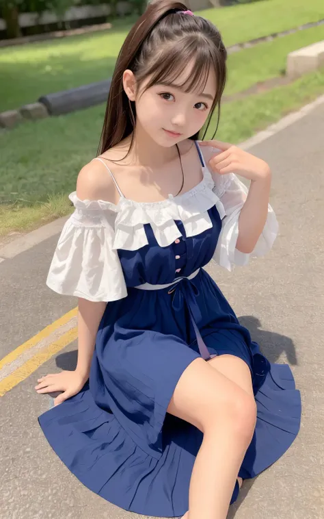 sixteen years old, japanaese girl, summer dress lace focus) ,   hair scrunchie,  , (High color saturation:1.0),  (highlydetailed skin), (Best Quality:1.0), (超A high resolution:1.0) ,(photographrealistic:1.0), (ultra-detailliert:1.0), (8K, Raw photo:1.1), (...