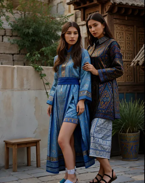 high fashion, hyperrealism, clothing in the style of the Ark fortress, the ancient citadel in Bukhara, Uzbekistan, material with a traditional pattern or drawings in the spirit of the works of artists of that time: at the same time, clothing models refer t...