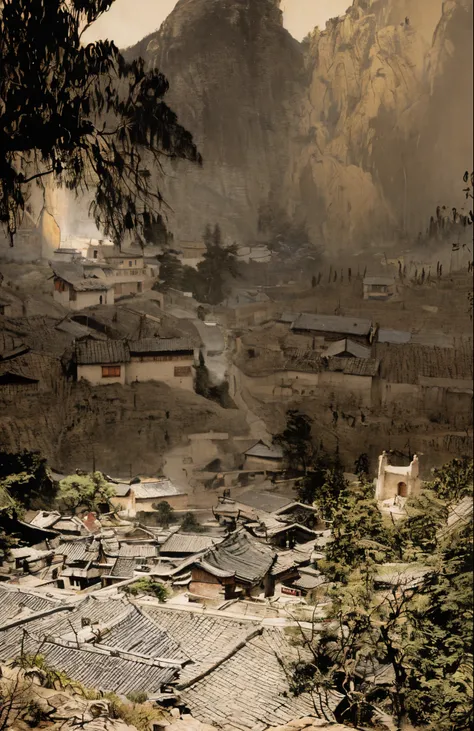 Small village overlooking the creek, The style  influenced by ancient Chinese art, detail-rich，light black light ocher, chinese paintings, Ink painting and watercolor, Bashan people, Xu Wei, organic architecture, Hiking, unpretentious nature