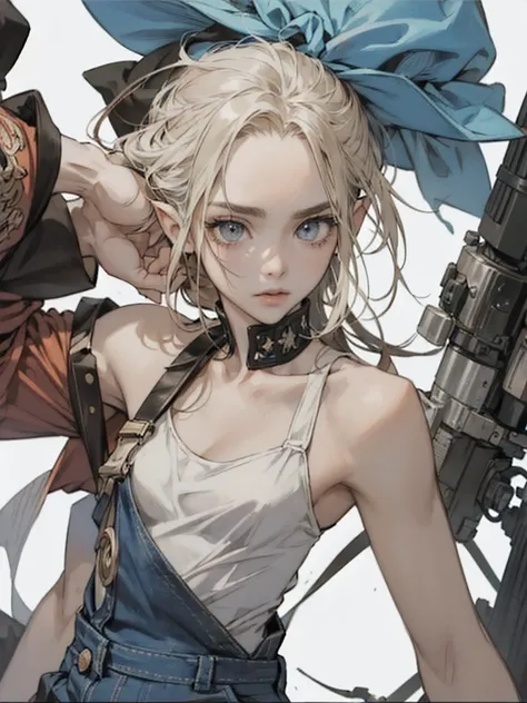 detailed game character art、((Best Quality)), ((masutepiece)), (Detailed), Perfect face,(cowboy  shot), Beauty Elf, general worker, Perfect body, overalls, Tired, dirty, Messy, (asymmetrical bangs:1.one-tailed hair, Highly detailed face and eyes, Perfect l...