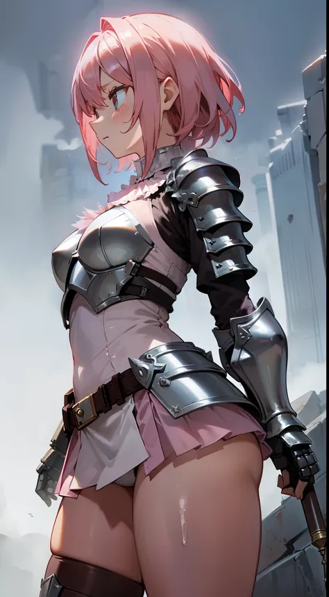 front view, girl, (without emotion), (pink hair, medium hair), (medium breasts size), (((armored white blouse))), ((tight blouse)), stockings, (thick fog:1.2), ((empty around)), (flat stone battleground), thighs