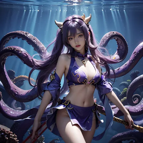 Humanistic qualities、tmasterpiece, quality, hyper HD, Highest resolution, very detailed nipples、Gorgeous long purple hair,dual horsetail，purpleeyes，White slim fit kini, kini skirt, Octopus tentacles take off swimsuit、a necklace, a bracelet, looking at the ...