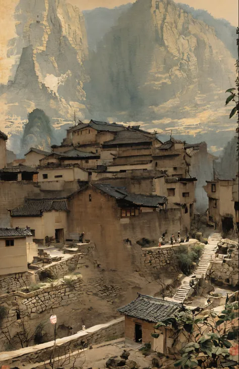 small village overlooking the creek, the style  influenced by ancient chinese art, light black light ocher, chinese paintings, i...