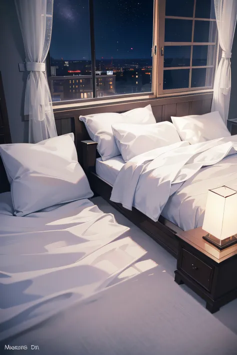 There  a bed，There  a white quilt and a lamp,sofe,The throw pillows are not neat, Anime-style rendered video, marbled、Wood and glass, Beautiful luxury, serene bedroom setting, Very realistic rendering, White bed, Unmade beds, Vray movies are smooth, Unreal...