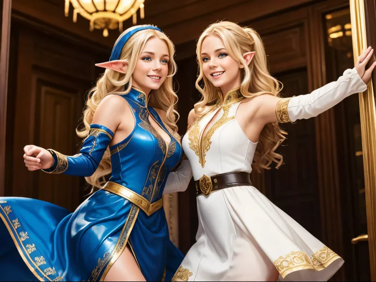 2 young women dancing in the office BREAK blonde elf with blue eyes, beatiful face, long wavy hair, in a blue dress with gold embroidery, leather gloves above the elbow, thigh boots. BREAK brunette elf, hair ponytail, cute face, in a white dress with black...