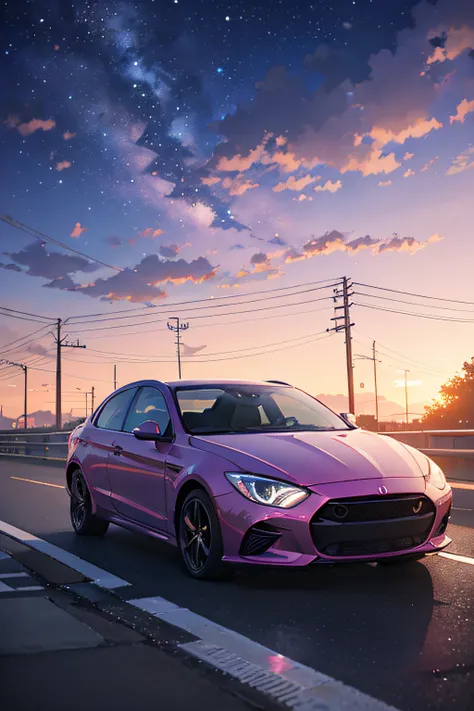 Anime scene with cars passing under pink and purple sky, anime drawing by Makoto Shinkai, trending on pixiv, magic realism, beautiful anime scene, cosmic sky. by makoto shinkai, ( ( makoto shinkai ) ), by makoto shinkai, anime background art, makoto shinka...