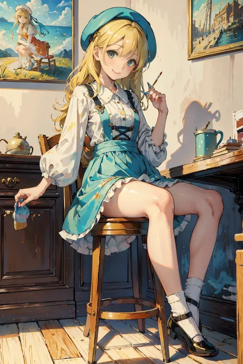 1female, painter, canvas painting, sitting in a stool chair, table, cute smile, dress skirt, aquamarine eye, color pallette, blonde hair, blouse, shoes, art studio, painting tool on top of table, beret hat, looking at viewer,