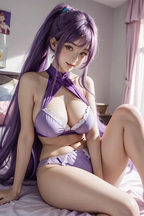 one-girl，Sit on the bed in underwear，Pink，laughing very happily，humongous large breast，very long purple hair,double-ponytail，Purple-eyed, Barefoot, looking at viewert, knees, sitted, shoulder, upper legs, Purple colored hair , Gorgeous purple hair, , Sam, ...