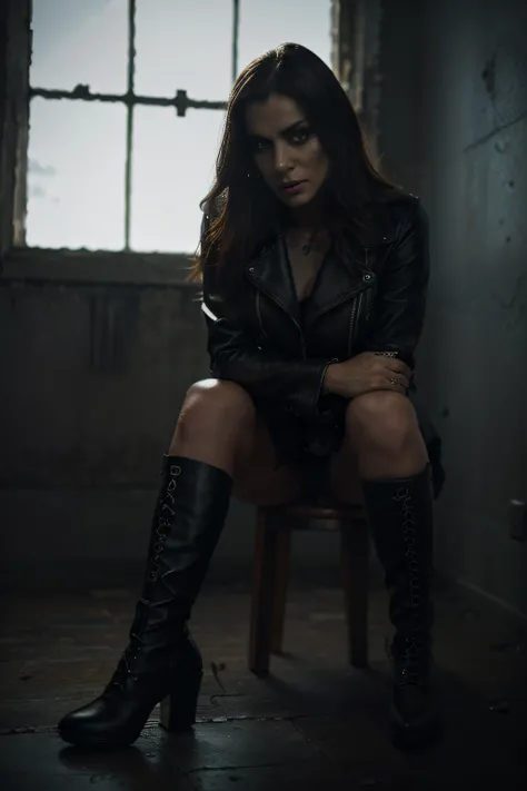 (hight resolution,Masterpiece:1.2),Ultra-detailed,Portrait,Girl in leather clothes before torture,high heels boots,Vulnerability,Complacency,sharp lighting,Dark atmosphere,Rough texture,expressive eyes,lips pursed,surreal,Distorted perspective,Contrasting ...