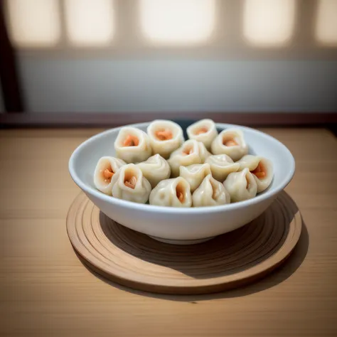 jiaozi, Chinese dumplings,Whole Bowl, white Bowl,Award-winning Macro photography, Culinary Art Photography, food Style photography, Surreal Photography, Food photography,warm light,wooden background,