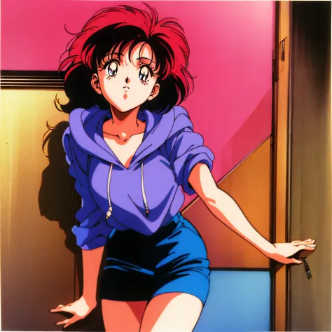 anime girl in pink hoodie leaning against a door, 80s anime ova style, 1980's anime style, 8 0 s anime style, 8 0 s anime vibe, ...