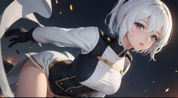 (extremely detailed CG unity 8k wallpaper), (masterpiece), (best quality), (ultra-detailed), (best illustration), (best shadow), (absurdres), 2, 1girl, short hair, short ponytail, normal size boobs, white hair, blindfold solo, Intimidating women, admiral u...