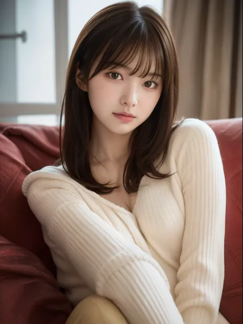 One girl sitting on a cozy sofa, Soft light, Detailed skin, (Long bangs:1,2), (Medium bust:1.0), (realphoto:1.4), (Best Quality: 1.0 ), (Ultra High Resolution:1.0), 8K, raw picture, (masutepiece:0.2), (PurerosFace_v1:0.5)