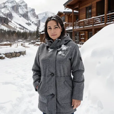 Woman 35-40 years old, stands in the snowy mountains