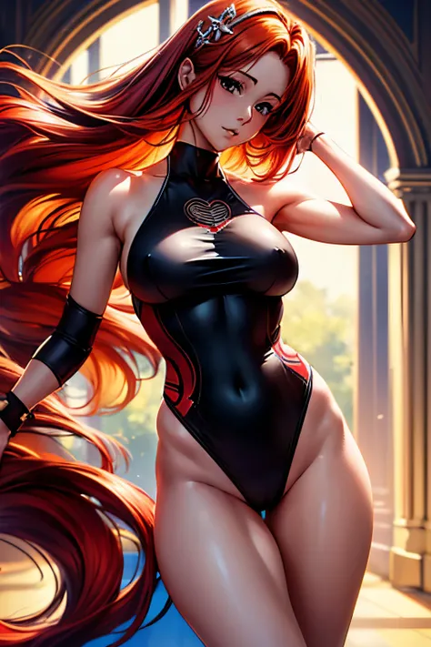 (Best quality at best,8K,A high resolution,tmasterpiece:1.2),Digital artwork,A woman in her twenties，with beautiful red hair，With a gentle expression, Wearing a hairpin on the head, Depicted from head to toe，Bigchest，black maillot