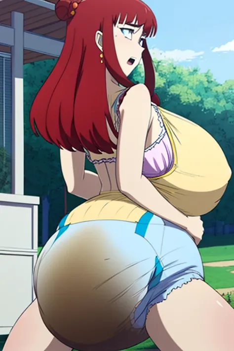 Anime woman enormous bloated expanding diaper mess, huge breast, huge pregnant belly , white bra, back end, bending over moaning