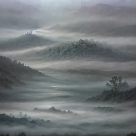 The dense, mystical fog in the valleys creates an ethereal atmosphere, shrouding the landscape in a veil of mystery. The mist curls and swirls, giving an otherworldly feel to the scene. This captivating image, captured in a hauntingly beautiful painting, s...