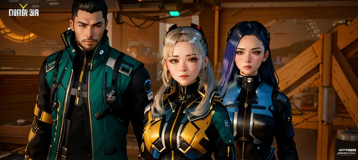 a close up of three people in a video game, futuristic avatars, with fully detailed faces, cybersuits, diverse cybersuits, perfect android girl family, <mmorpgs scene, 8 k character details, cyber universe style, game cg, dead or alive 6, kda and sam yang,...