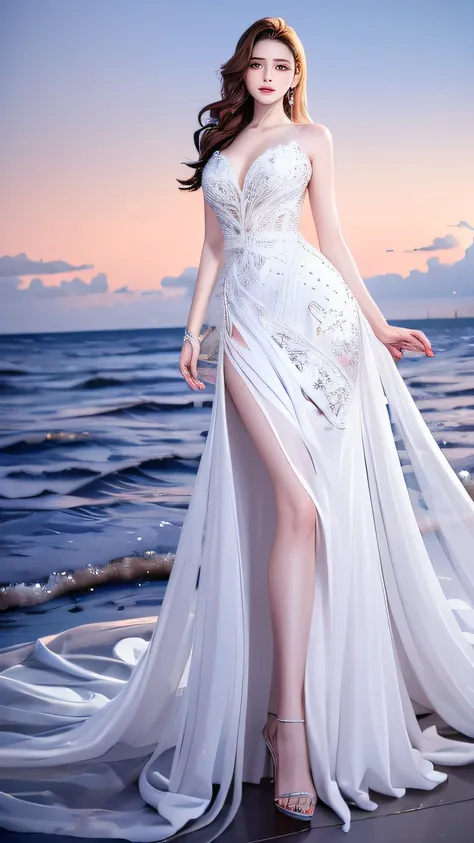 (Hyper-realistic 8k CG:1.2),Perfect artwork,((tmasterpiece)), ((Best quality)), (looking at viewert:1.1),(extremly intricate:1.2), (one girl with full body: 1.2), 1 Lady (own: 1.1), Standing on the crystal clear seaside，Cold and beautiful face, Skin as whi...