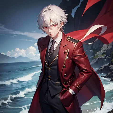 male handsome, wears herringbone tweed material, dark waistcoat, stacked long coat with white short hair, red eyes, king ocean