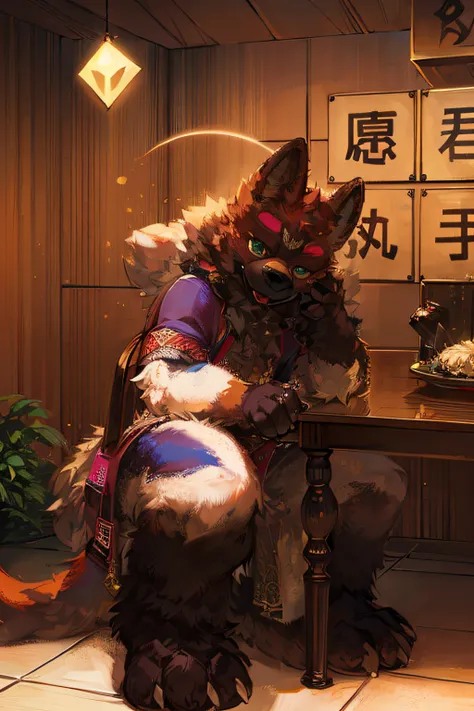 A dressed up dog sits at the table, beast costume, furry character, furry convention, beast costume!!!!, furry beasts, furry anime, beast in fashionable clothes, furry artist, shaggy, mask and fox, Canon eos r 6 shot, Furry fursuit running, furry wolf, fur...