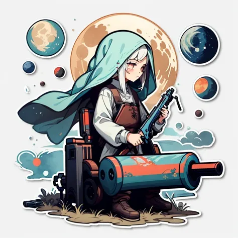 1 sticker, handbook, (sticker, 1 Girl, medieval heavy shirt, the moon. veil, cannon-like gun, Splitting elements), watercolor, White background,  Background with, minimal, intense, tiny, colors: pastel, vector style, no gradient,