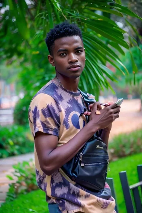 là, un jeune homme debout dans un parc avec un téléphone portable, Adolescent noir, adolescent de sexe masculin, Photographie occasionnelle, avec une pose cool, pose décontractée, Jeune homme, Salut Mark ( Akwaaba Tommy ), pose satisfaite, mignon jeune hom...