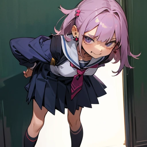 schoolgirl, petite, cute, smug, hands behind back, leaning forward, earrings