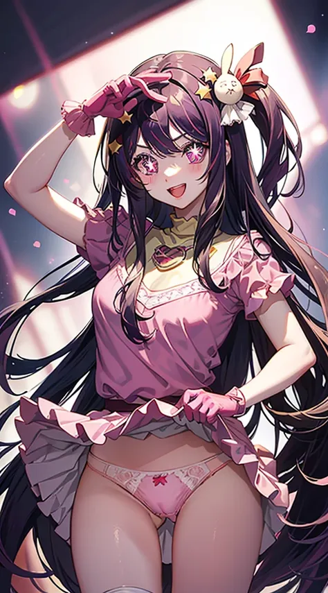 Ai Hoshino, Ai Hoshino, hair between eye, Hair Ornament, Hair Ribbon, Long hair, One side up, (Purple eyes:1.1), Purple hair, rabbit hair ornament, (star-shaped pupils:1.5), symbol-shaped pupils,Brake belt, Black belt, brooches, Dress, Pink dress, frilly d...