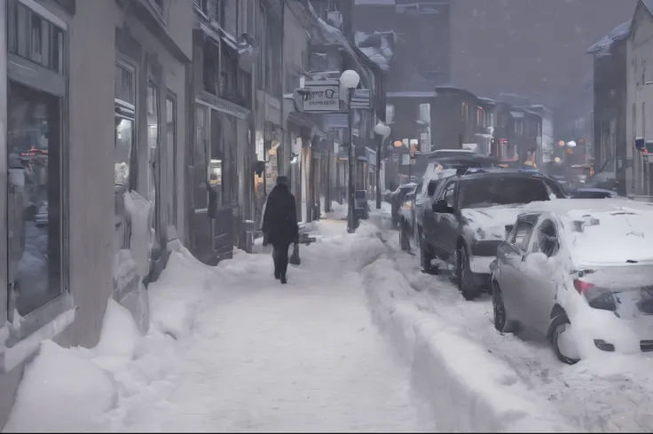 snowy street with cars parked on both sides of the road, montreal, quebec, by Pierre Toutain-Dorbec, by Raymond Normand, snowy night, snowfall at night, by Clément Serveau, by Pierre Mion, street at night, on a street at night, by Julia Pishtar, illustrati...