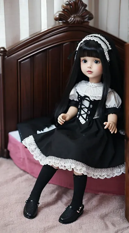 dollhouse,Doll-like,childs room,doll,Sit with your legs spread,sit on a bed,Dark hair,length hair,gotik,Gothic clothes