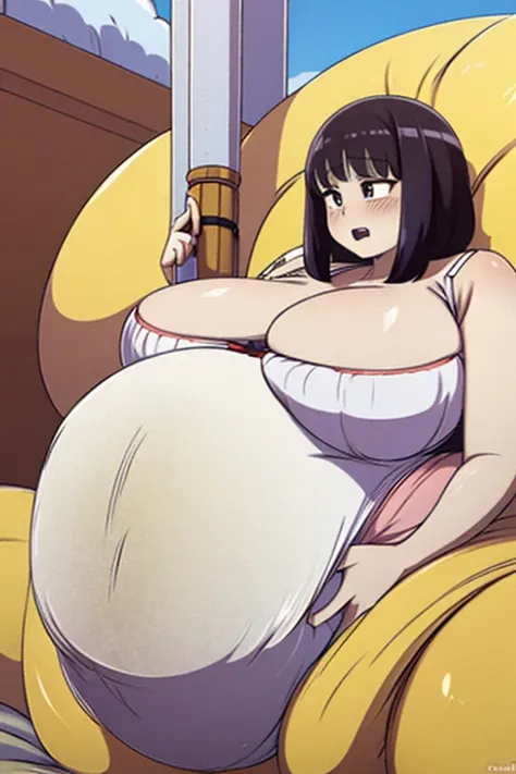 Anime woman enormous bloated expanding diaper mess, huge breast, huge pregnant belly , white bra, moaning pleasure