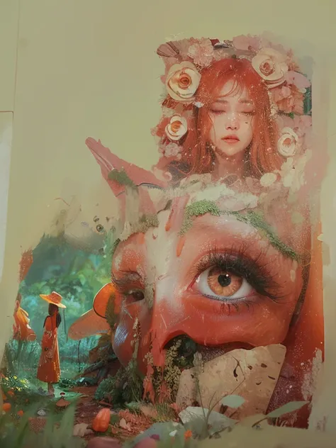 The woman in orange clothes on the lower left  walking in her dream，Suddenly, an eye as big as hers appeared on the right, staring at her，She instantly felt creepy，I imagined several pairs of eyes staring at her while she was sleeping。