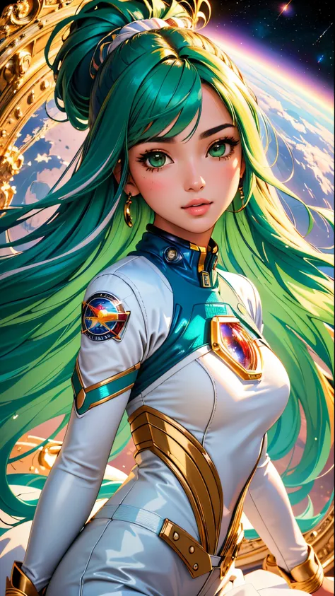 (best quality, masterpiece, perfect face, beautiful and aesthetic:1.2, colorful, dynamic angle, highest detailed face) full body photo, fashion photography of cute astronaut girl with long iridiscent green hair, in space with galaxy behind, 35mm, bokeh, 9:...