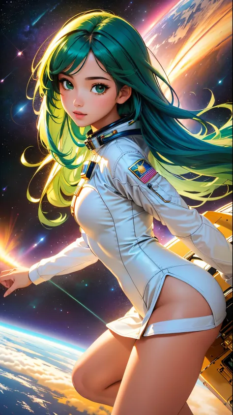 (best quality, masterpiece, perfect face, beautiful and aesthetic:1.2, colorful, dynamic angle, highest detailed face) full body photo, fashion photography of cute astronaut girl with long iridiscent green hair, in space with galaxy behind, 35mm, bokeh, 9:...