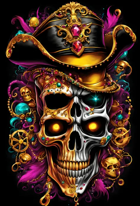 T-shirt art vector ready to print colorful graffiti illustration of masquerade party yellow pirate skull and hat web decorated with jewels of precious rubies and emeralds and skeleton beard decorated with yellow diamonds, teeth of beautiful stone jewelry, ...