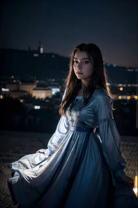 1girl, 20 years old, a beautiful girl ((looking at the night sky)), wearing an elegant and long dress, firework, a flame embroidered in the night sky, windy, prague, castle seen in the background, movie scene, cinematic light, very dark scene, (anamorphic ...