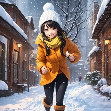 1girl running on the snow, black hair, wearing a yellow knitted hat, a happy smile, orange scarf, blue jacket, black pants, orange snow boots, snowflakes, snow, snowman on the snow, distant buildings, location, 2D game art style, dmitry vishnevsky, blue an...