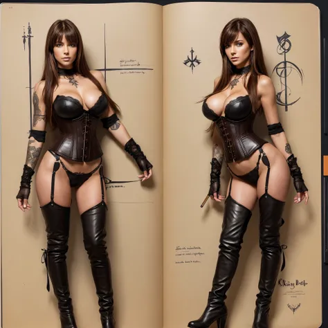 Sketchbook Style Sketch book hand drawn dark gritty realistic sketch Rough sketch mix of bold dark lines and loose lines bold lines on paper turnaround character sheet a stunningly beautiful Amazon Woman slim body leather and lace corset brown red floating...