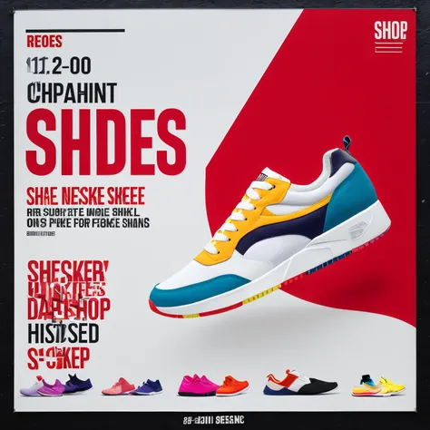 a poster for a shoe store with a colorful sneaker, sneaker shoes, commercial banner, shoe, whole shoe  in picture, stylish shoe design, best on adobe stock, shoes, product advertisement, advertisement poster, sneaker, product advertising, high shoes, ad im...