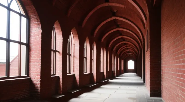 Highlight the discovery of an old building，Depicting the red brick facade and long corridor