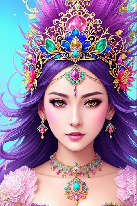 a woman with a colorful headpiece and jewelry on her face, 4k highly detailed digital art, 4k detailed digital art, great digital art with details, elaborate digital art, intricate wlop, colorfull digital fantasy art, detailed fantasy digital art, hyperdet...