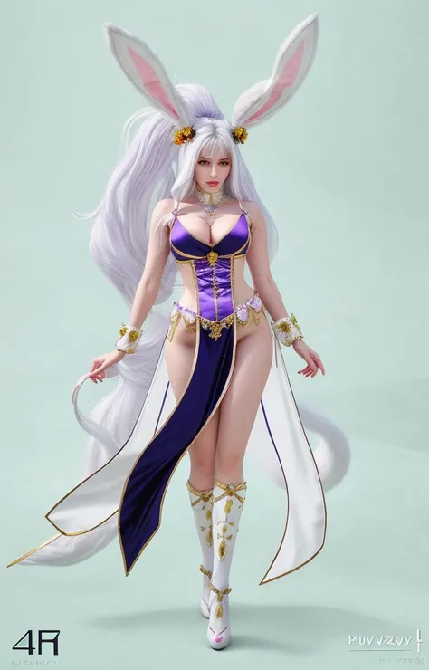 Furry, Bunny girl with a long white hair and a purple furr, bunny girl, white haired deity, high quality, the princess of power, hyper realistic, ultra detailed, highly detailed, live action, masterpiece, best quality, 4k, aesthetic female genie, full body...